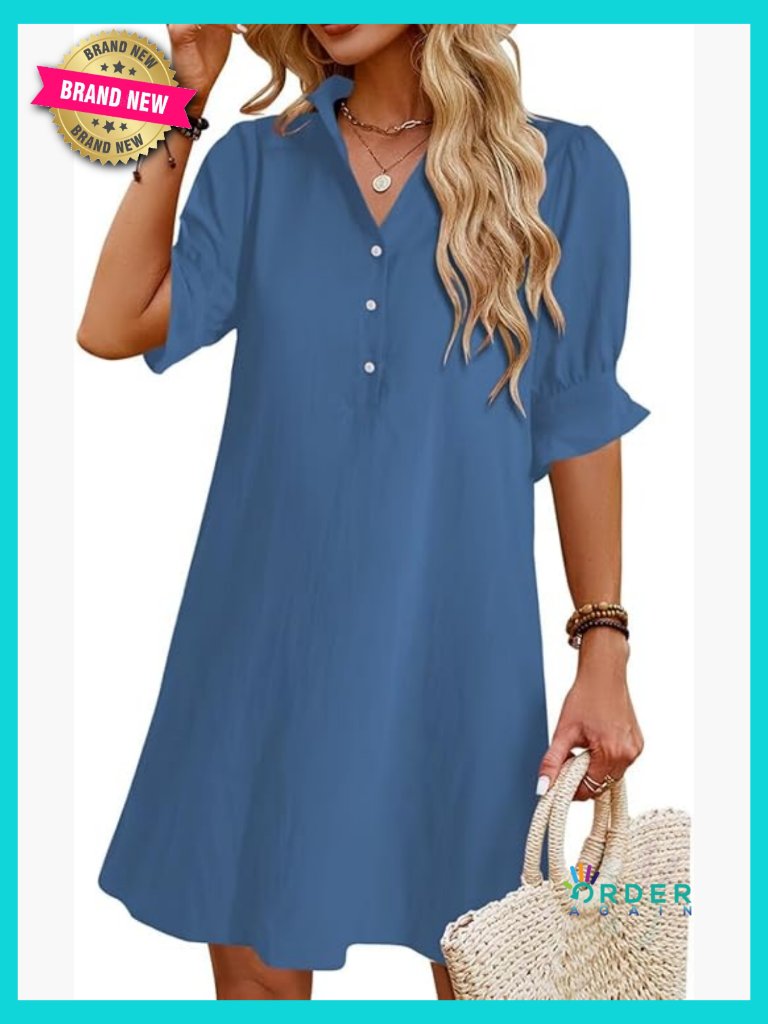 Casual Shirt Dress Ruffle Sleeve Shift Mini Dress With Pockets Summer Chic